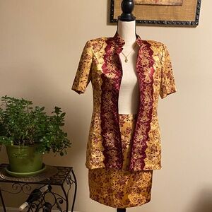 Elegant Gold and Burgundy Floral Dress Set, silk size 6 from Indonesia.
